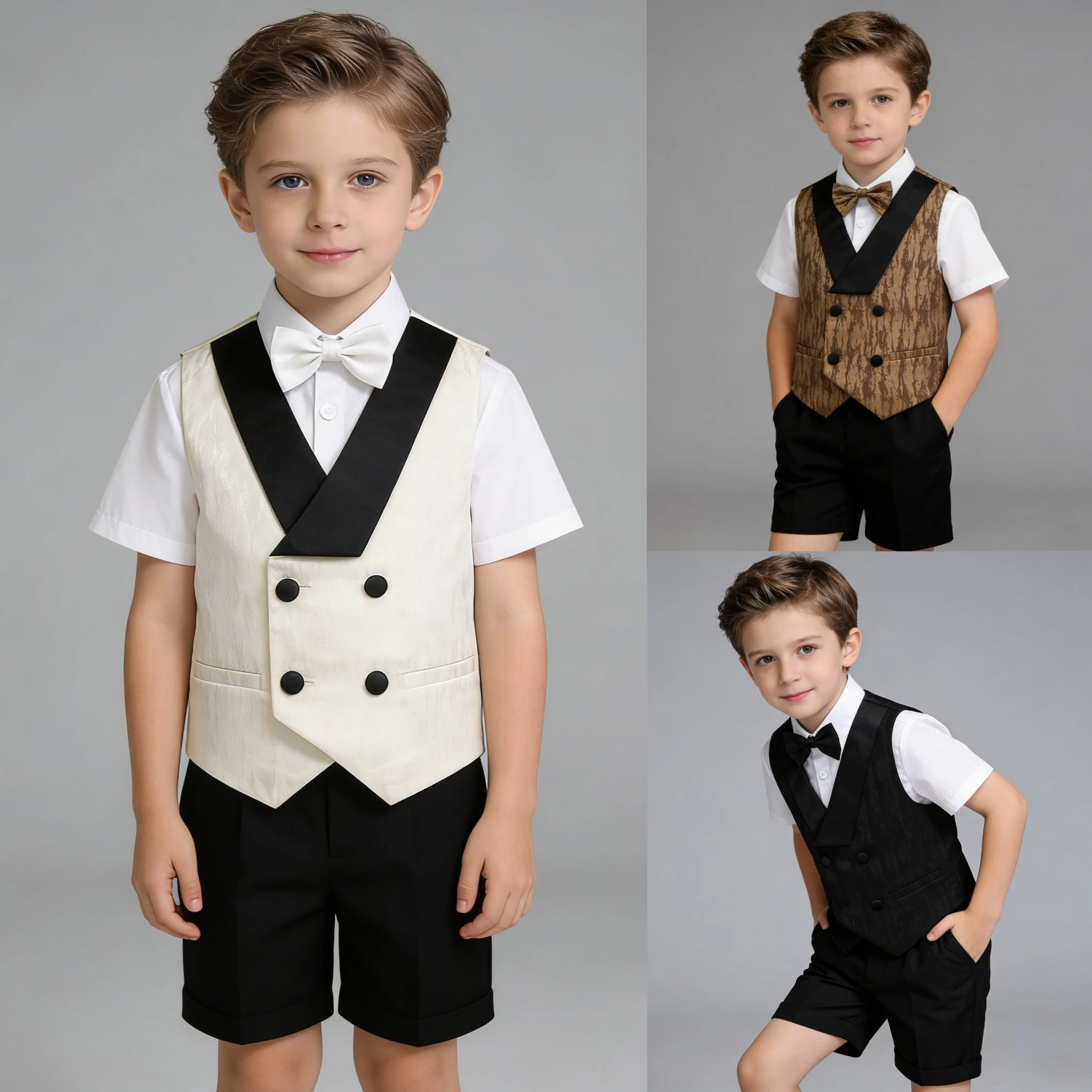 

Boys Summer Formal Suit - Beige Vest Short Sleeve Shirt Shorts Bow Tie Suspenders Kids Wedding Party Outfit Gentleman Clothing