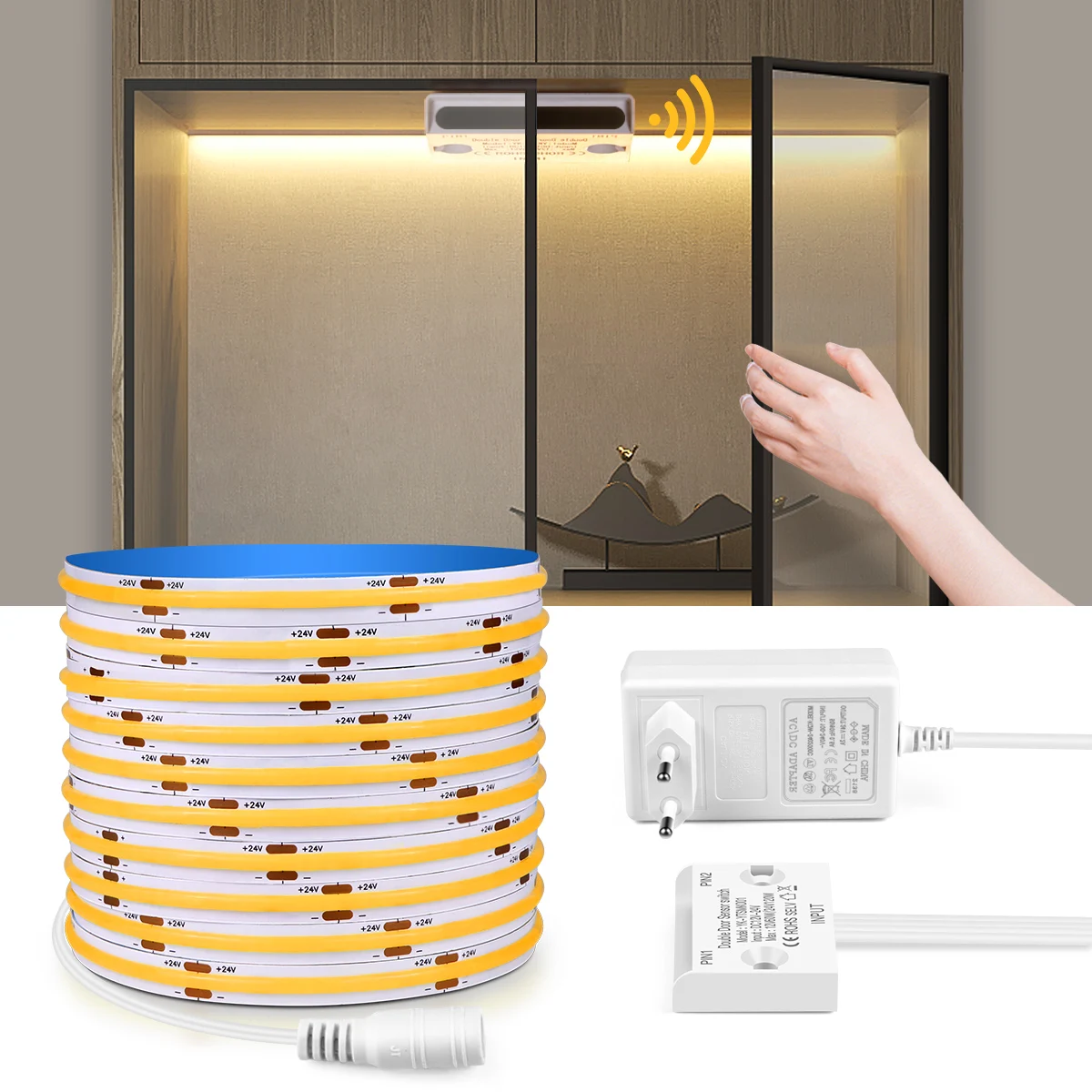 Smart Door Control Sensor Switch LED COB Strip Light 2M-10M DC24V High Bright DIY Cuttable For Cabinet Showcase Closet Wardrobe