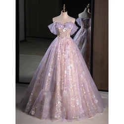 Light Luxury Pink Purple Evening Dress Women Sweet Pleated Off The Shoulder Flower Applique Prom Gown Sequins A-Line Vestido