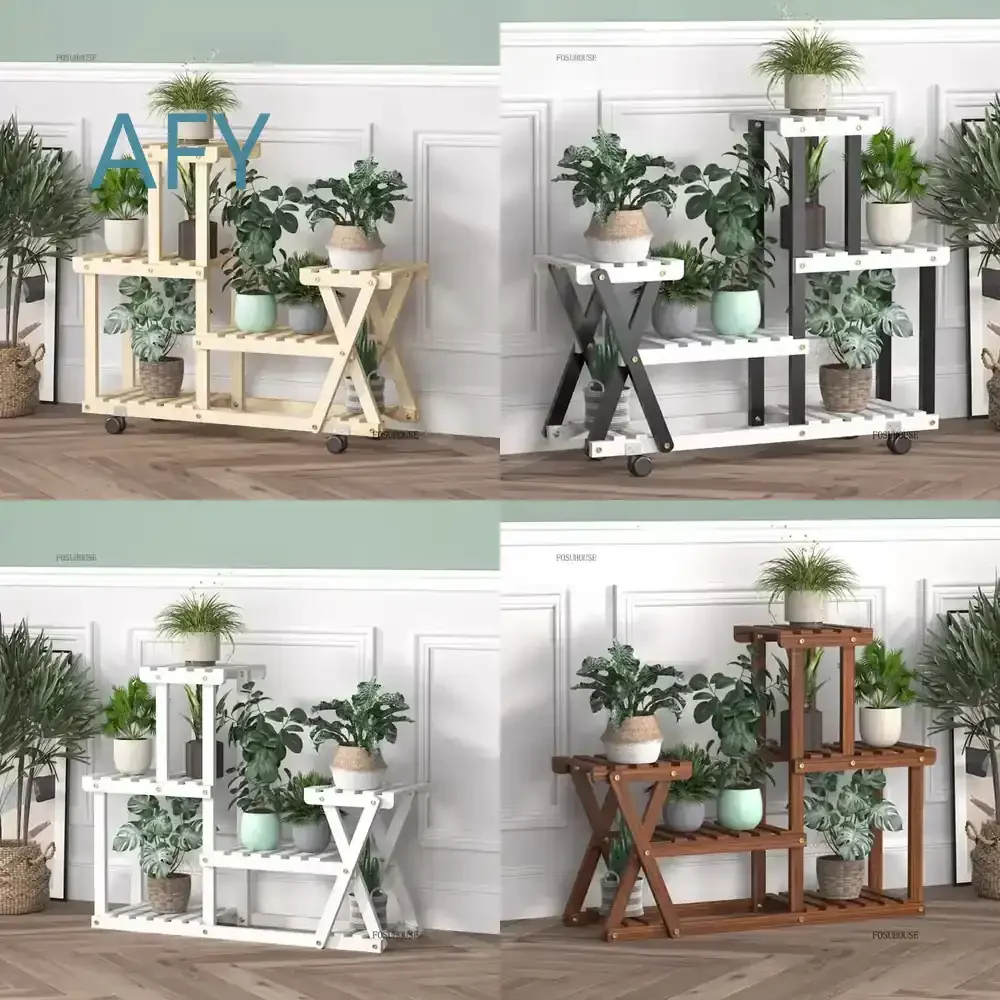Sunscreen Movable Plant Stand for Patio for Modern Solid Wood Hollowed-out Plant Shelves High-end Personalized Shelf for
