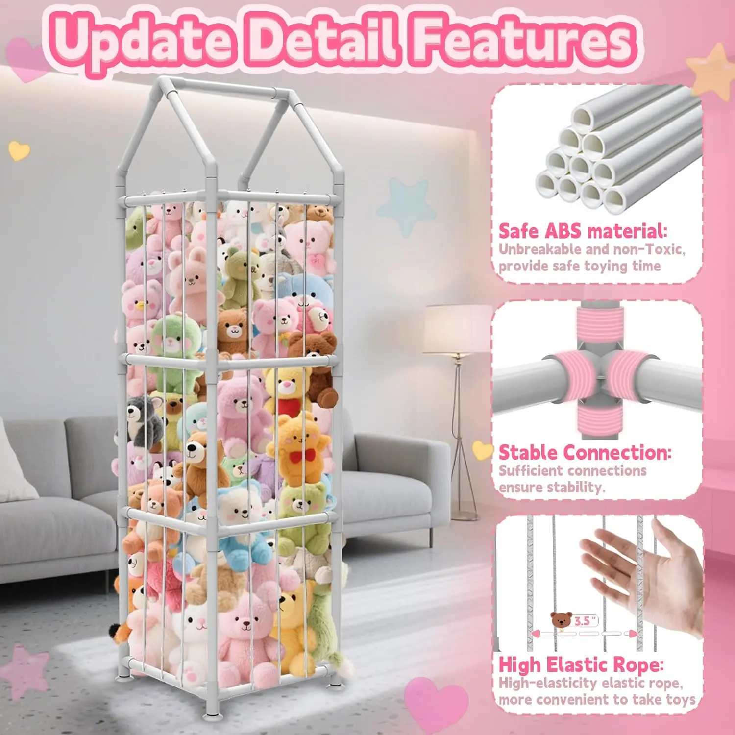 Stuffed Animal Storage with Suction Cups, ABS Plush Toy Organizer for Kids Bedroom, White view 6