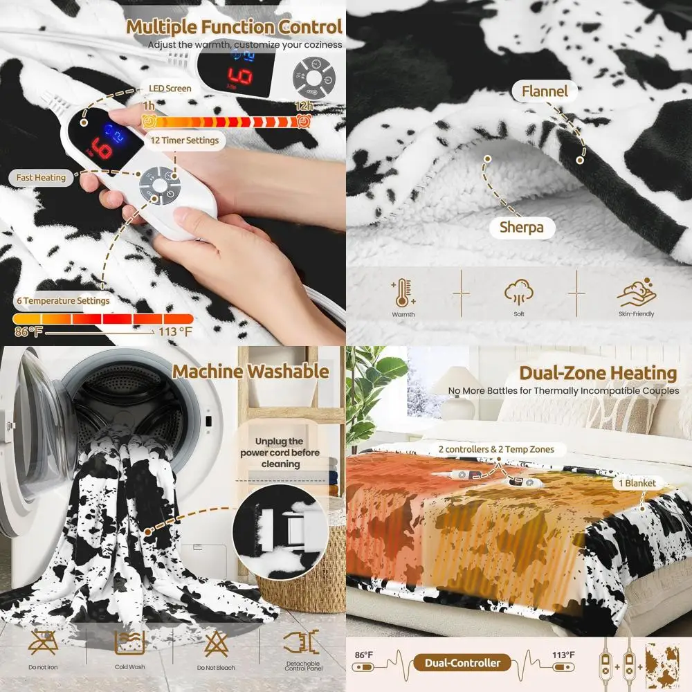 

Электрическое одеяло размера «queen-size», два управления, 6 уровней нагрева, таймер 1–12 часов, шерпа и фланель, моющаяся, принт «Черная корова», 84x90