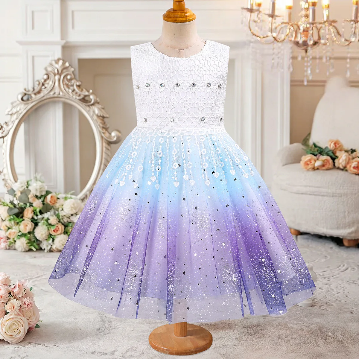HETISO Princess Dress For Girls Gradient Color Block Kids Mesh Crystal Birthday Party Ball Gown Children Costume 3-10 Years
