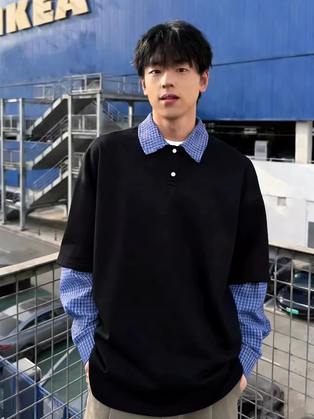 

Мужская толстовка в клетку с эффектом двухслойности, с длинным рукавом, воротником хенли, для весны и осени, в уличном стиле, повседневная, комфортная.