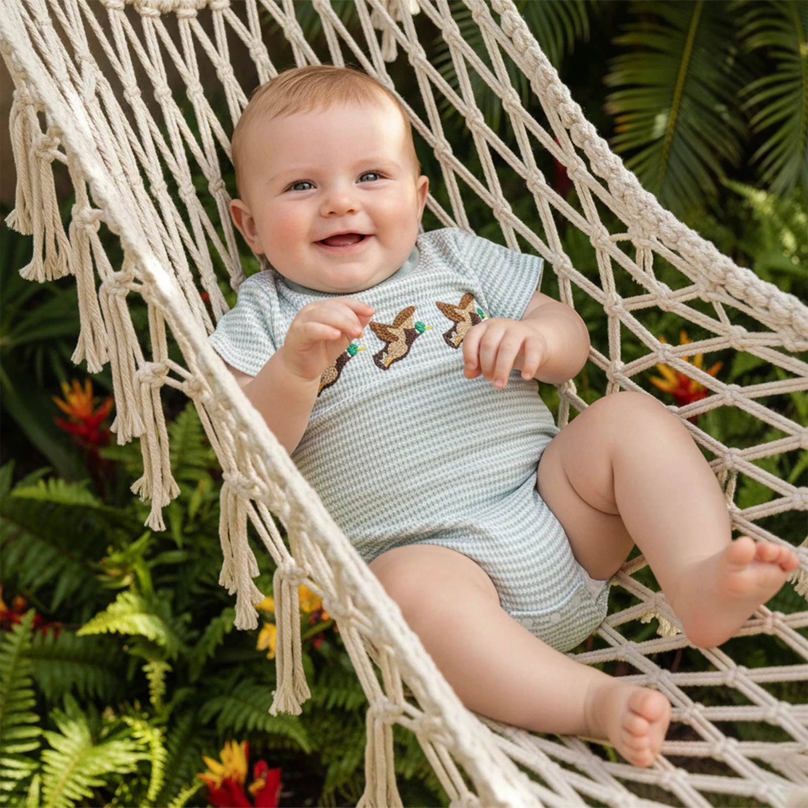 Baby Boy Waffle Romper Short Sleeve Round Neck Duck Embroidery Bodysuit Newborn Boys Playsuit Sunsuits