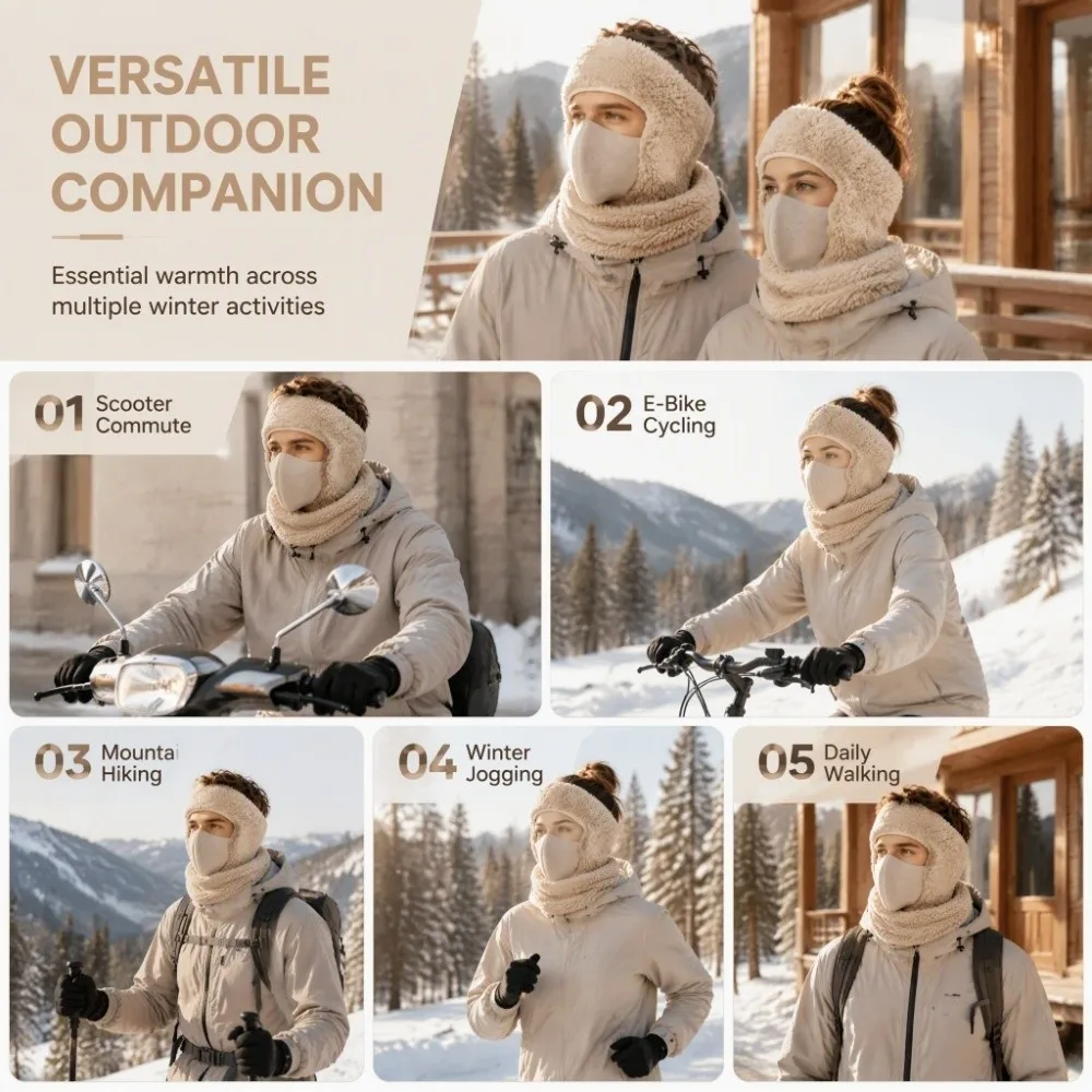 Winter One Piece Warm Face Mask Thickened Fabric Built In Ear Covers One Piece Face Mask Soft Material Fits Most Head Sizes