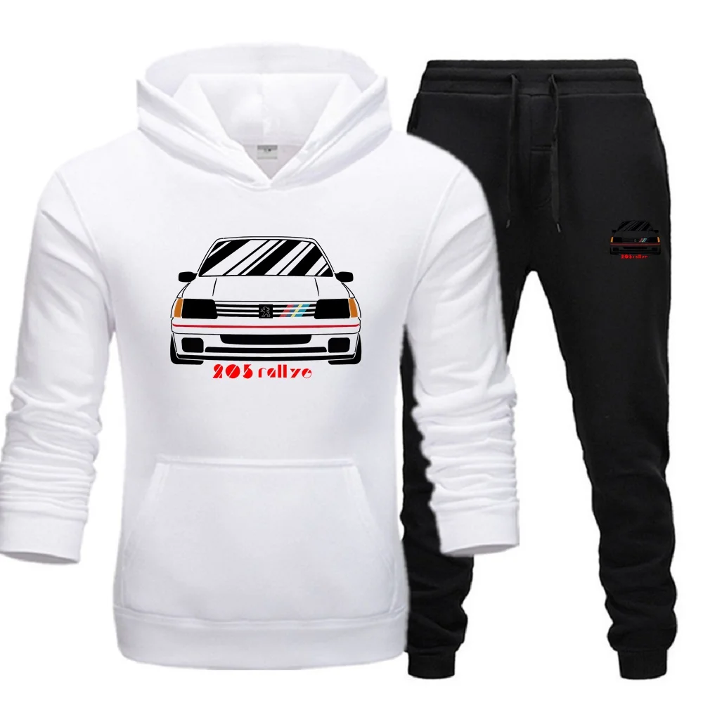 Men 2Pcs Sets Fleece Hoodies And Sweat Pants Set Men\'s Retro Wrc 205 Gti CAR Rallye Racing Jersey Suit Sportswear Ensemble