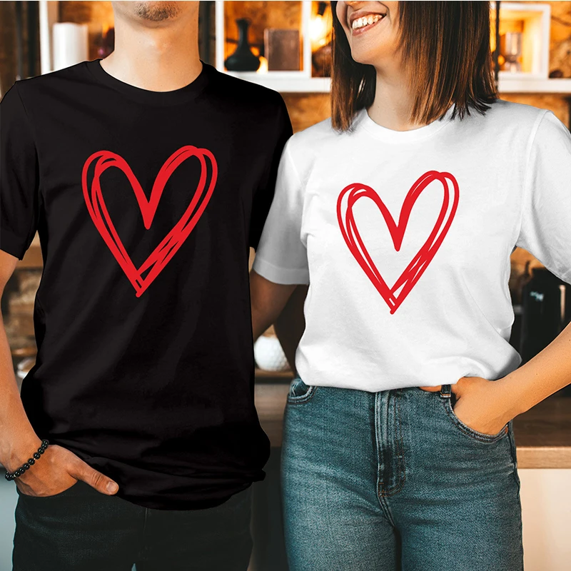 

Love Heart Couple T Shirts Cotton Trendy Fashion Short Sleeve Lover Tshirt Valentine's Day Gift Boyfriend Girlfriend Tshirt