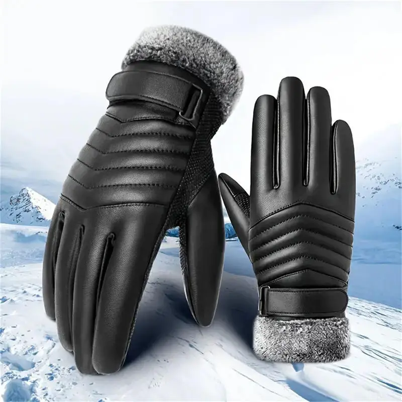 Winter Warm Black Leather Gloves MEN'S Fur Mouth Plush Insulation Mittens Male Outdoor Cycling Motorcycle Warm Riding Gloves