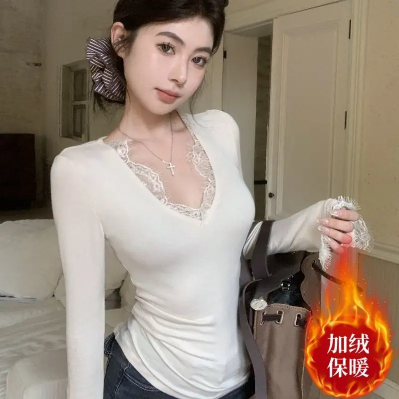 Black Velvet Base Shirt for Women Pure Desire Style V-neck Lace Western-style T-shirt Slim Fit Long Sleeved Top for Women