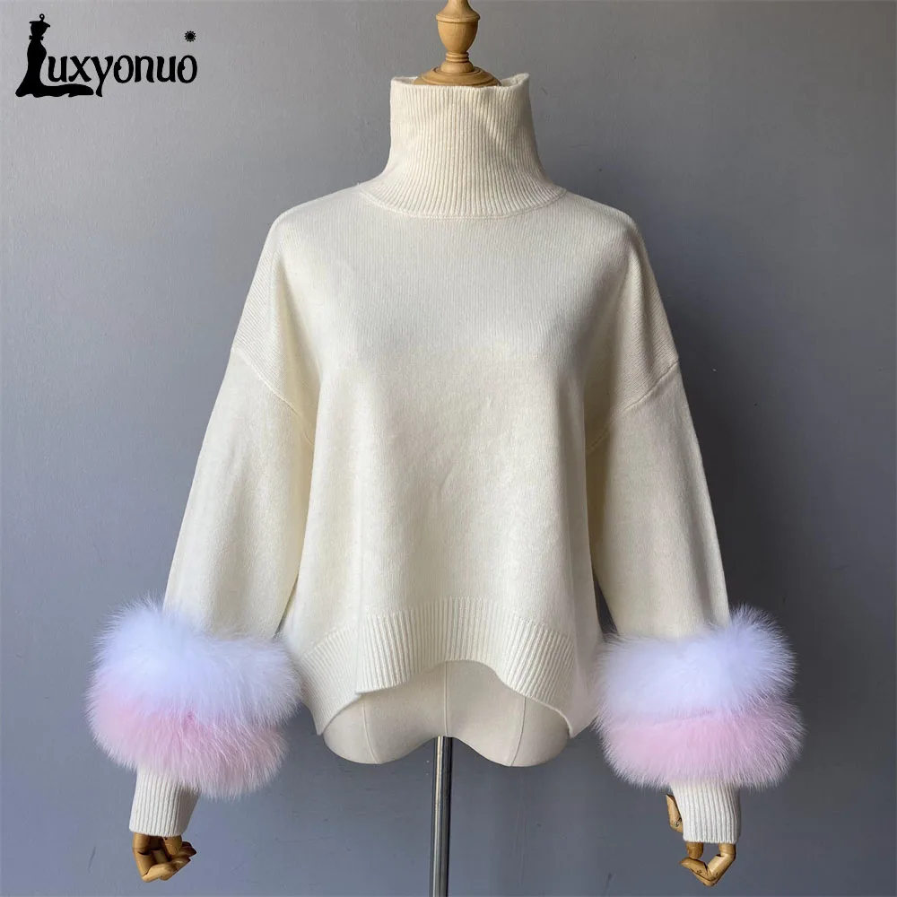 Luxyonuo Fashion Women Sweaters 2023 New Style Wool Knitted Pullover Real Fox Fur Cuffs Autumn Winter Warm Ladies Sweater Female