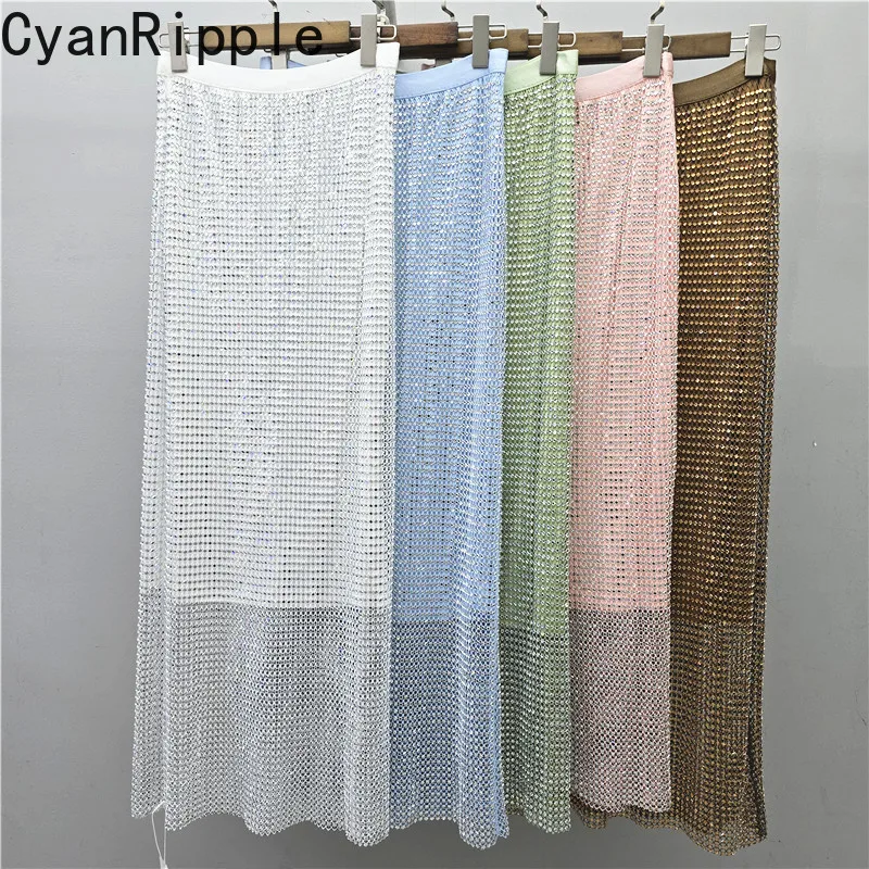 Colorful Full Diamond Shiny Elastic Waist Women Skirts New Spring Summer Elegant Hollow Out Ultra Long Female Straight Skirts