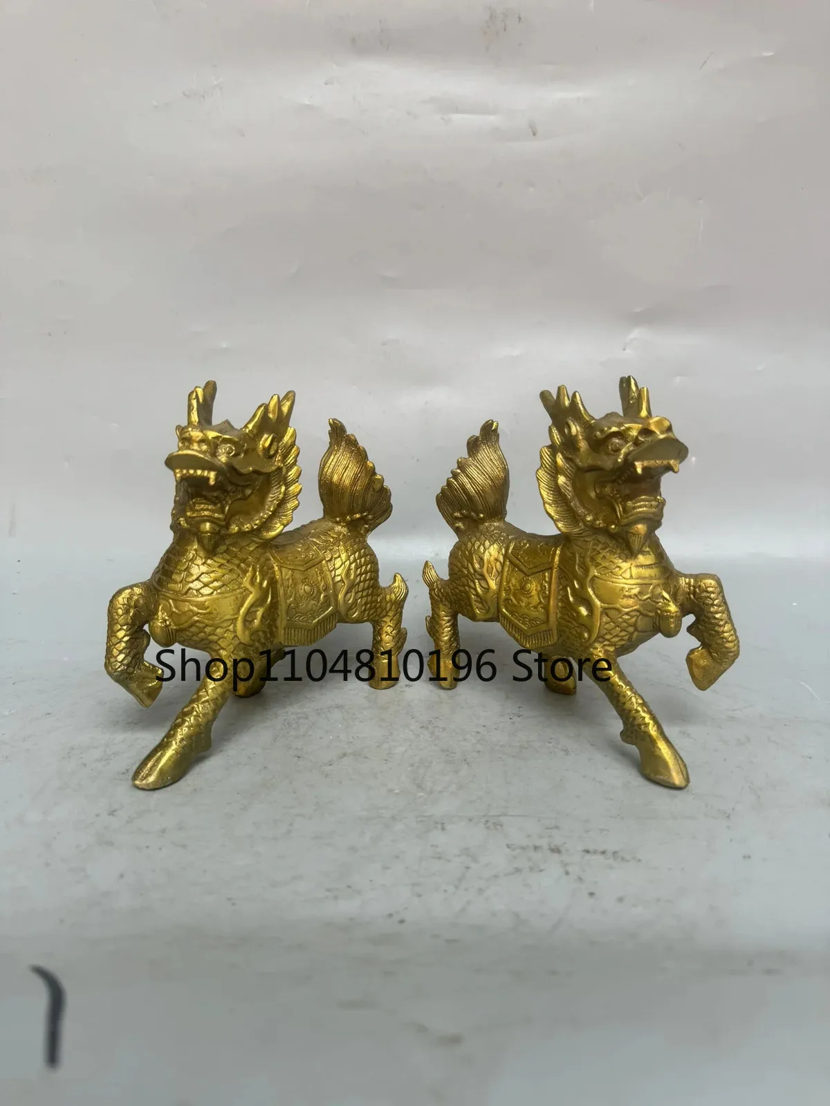 Bronze Gilded Kylin Statue Dragon Head Divine Beast Pair Amass wealth Ornament