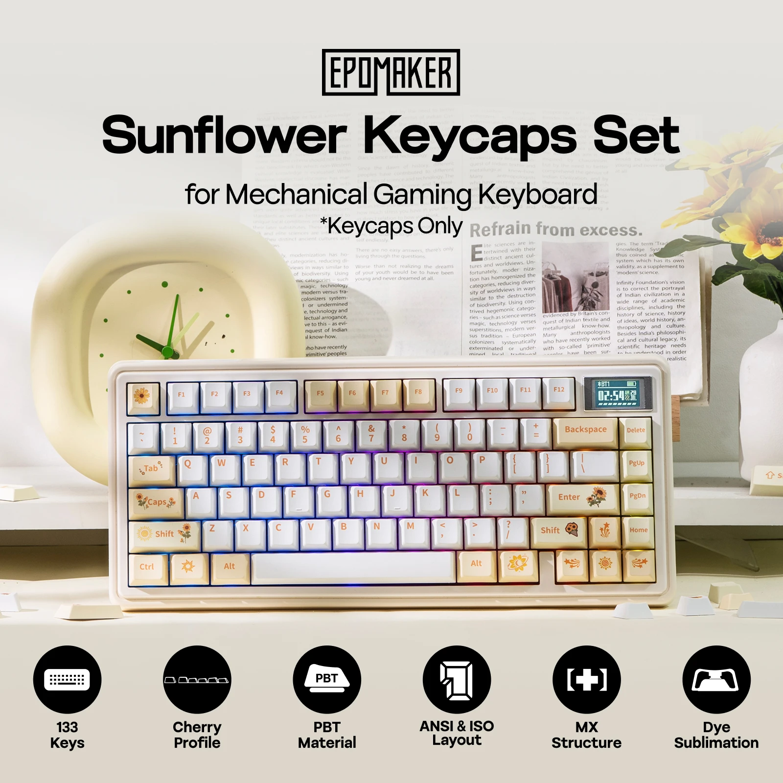 EPOMAKER Sunflower Keycaps Set 133 Cherry Profile Dye-Sub PBT Keys for Mechanical Gaming Keyboard with Front Printed Legends