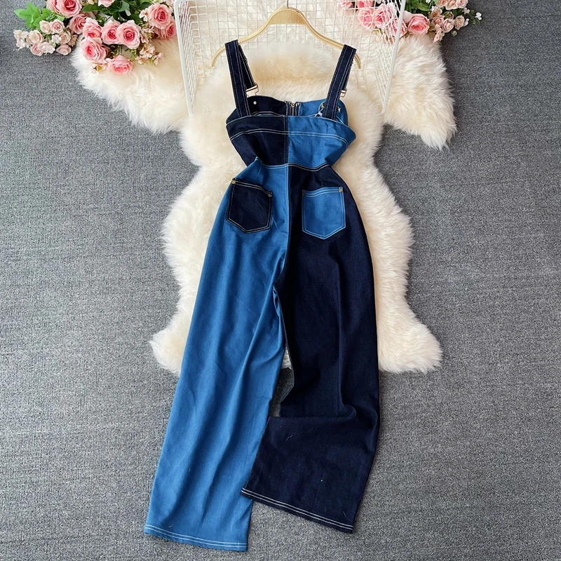 OCEANLOVE Denim Jumpsuits Women Contrast Color Spring Summer Vintage Combinaison Femme Fashion High Waist Elegant Bodysuits