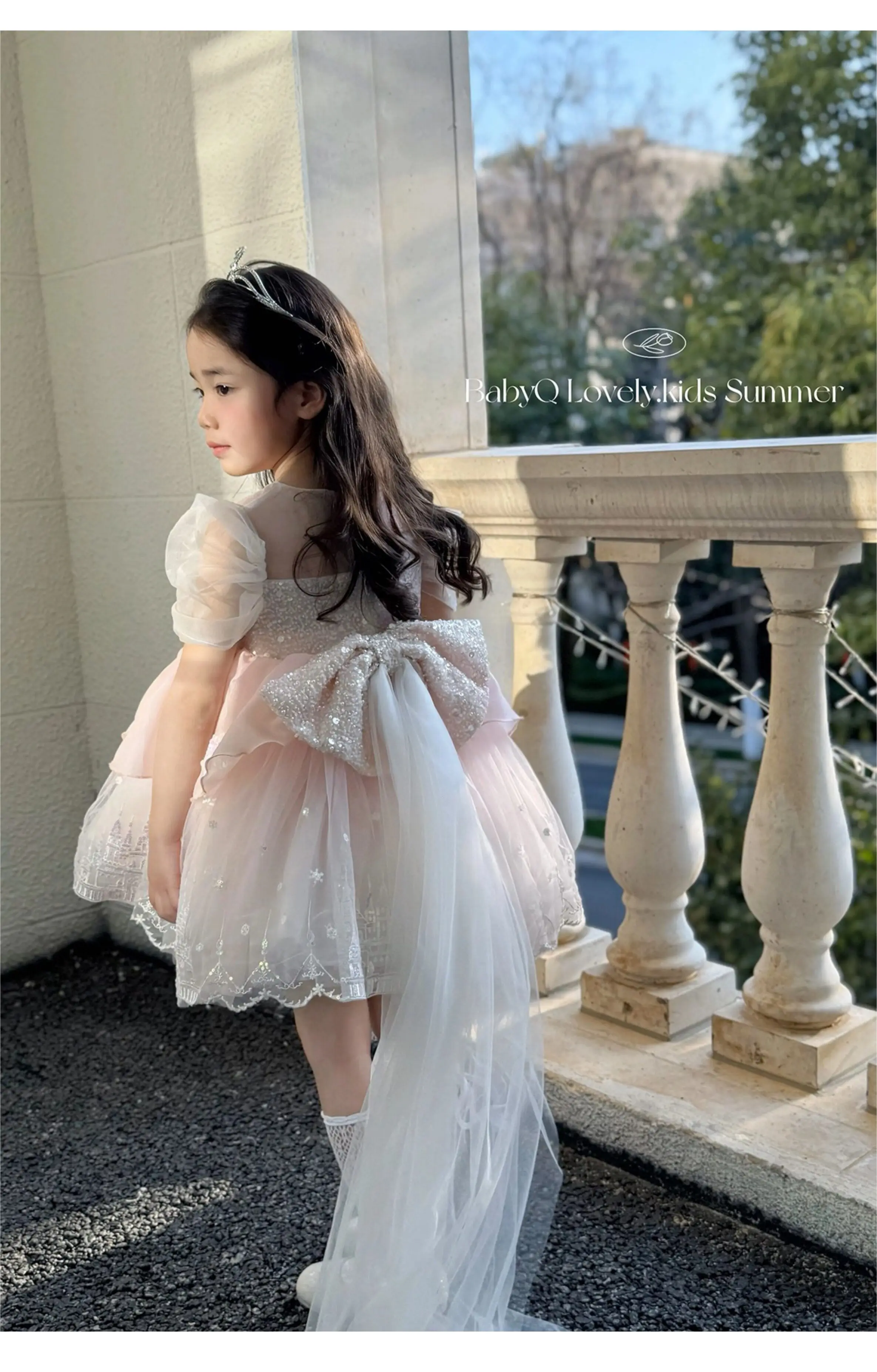 Elsa Prinzessinnenkleid für kleine Mädchen, kurzärmelig, große Schleife, Stickerei, leuchtendes Tutu-Kleid, Kindergeburtstag, Party, Fotografie-Kostüm – Detail 7