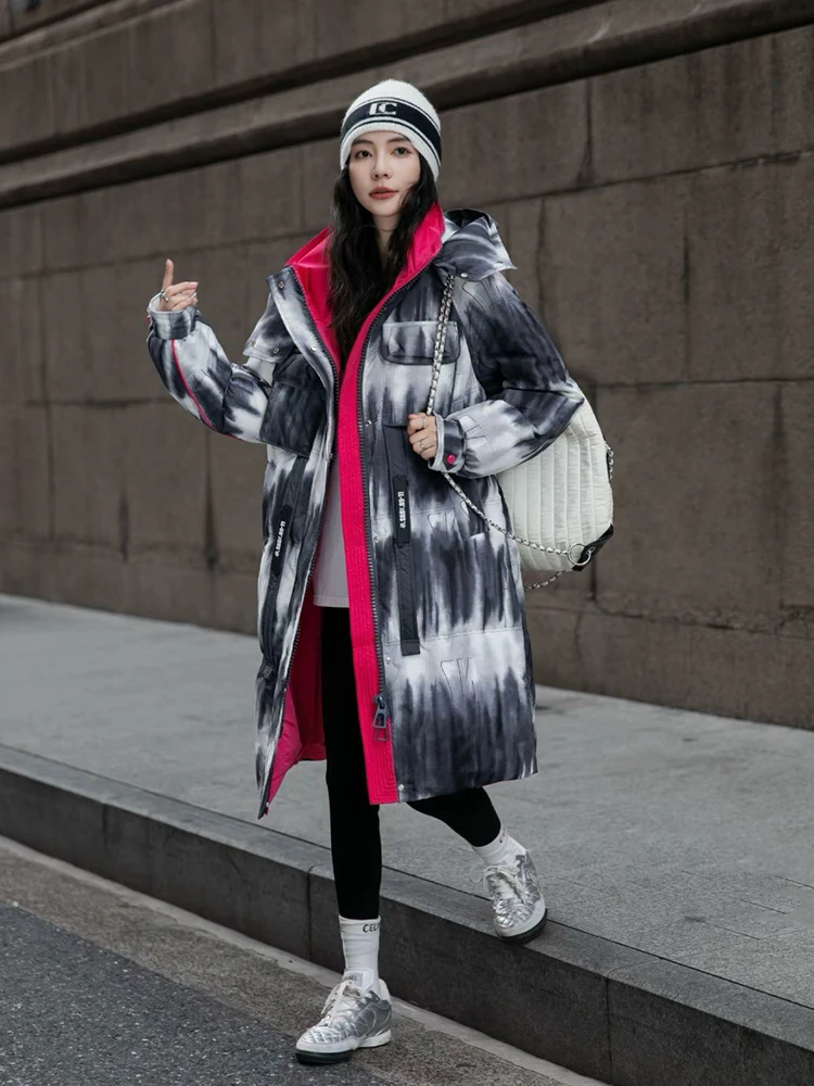 

Winter Long Gradient Tie Dye Hooded Down Jacket Parker Female White Duck Down Knee Length Jackets Women Thick Quilted Outwears