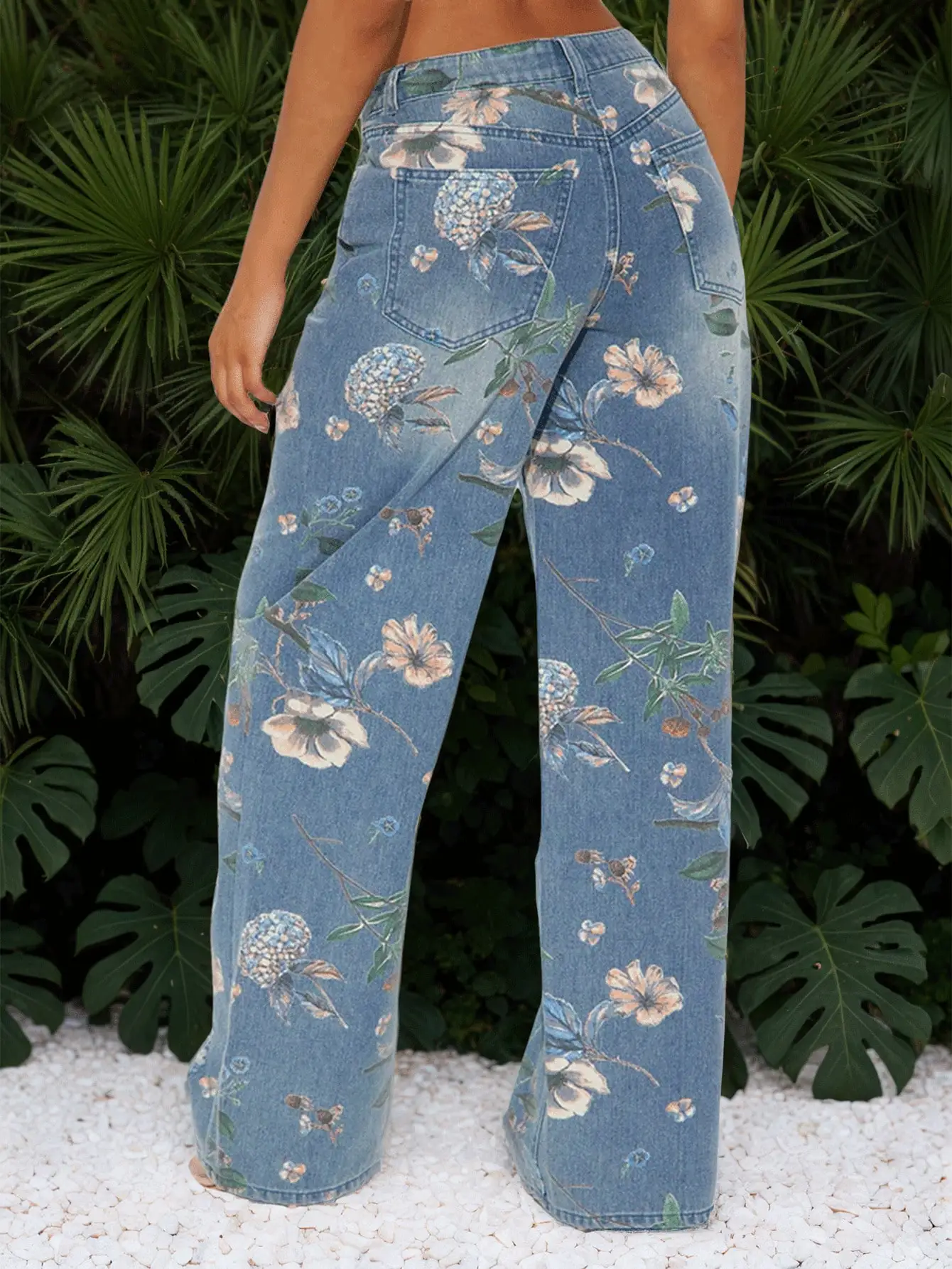 High Waist Jeans Women Wide Leg Denim Cotton Pants Floral Print Ripped Baggy Trousers Vintage Y2K Style Streetwear