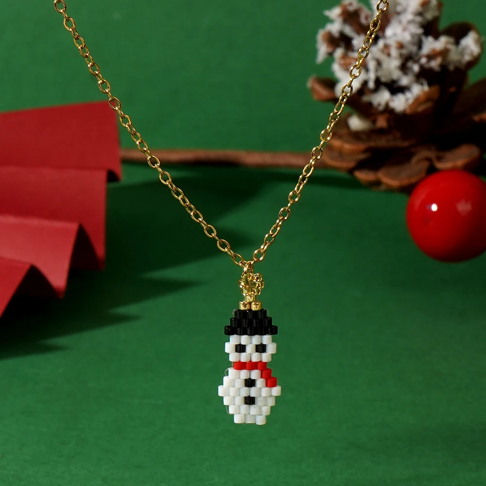 حبات أرز رياح عيد الميلاد المصنوعة يدويًا ، نمط رجل الثلج ، سلسلة O من الفولاذ المقاوم للصدأ ، قلادة عيد الميلاد ، 1 *