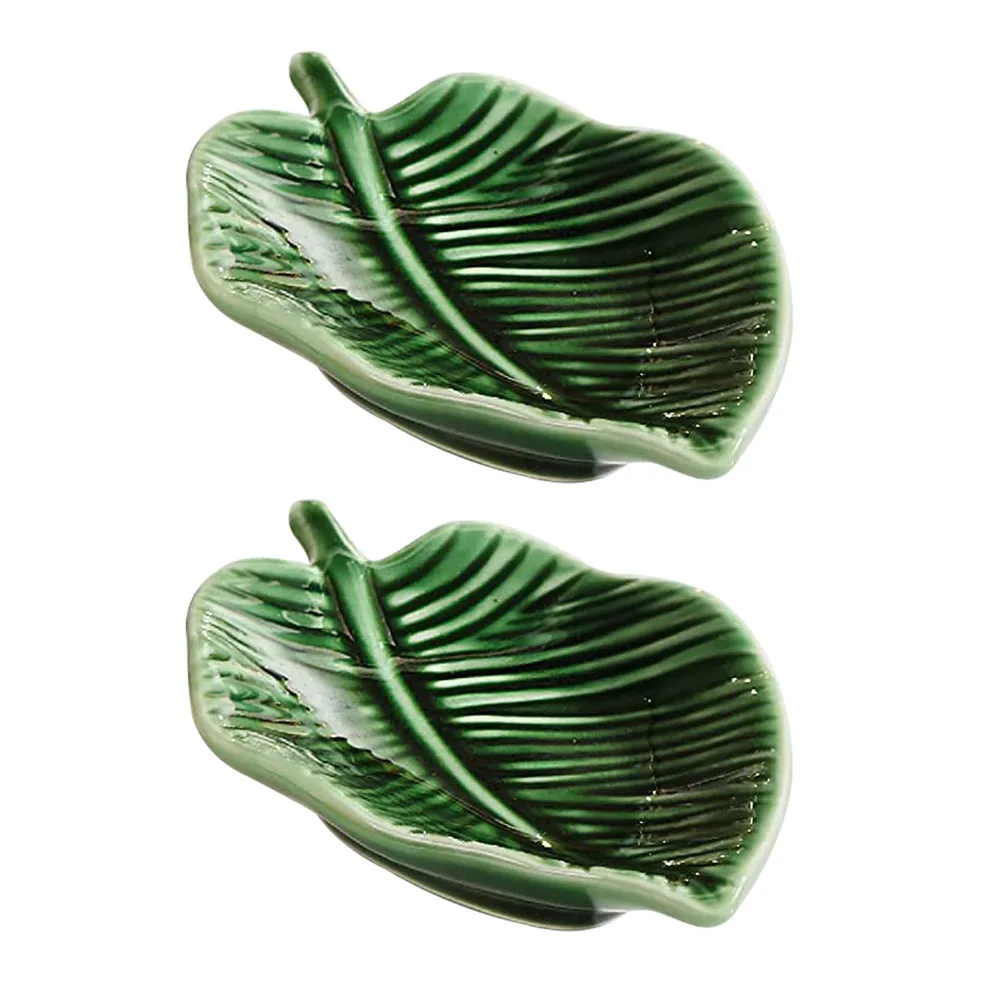 2Pcs Leaf Shape Ceramic Plates Unique Electroplated Finish Decorative Tray Jewelry Organizer Rings Bowl Key Holder Home Decor