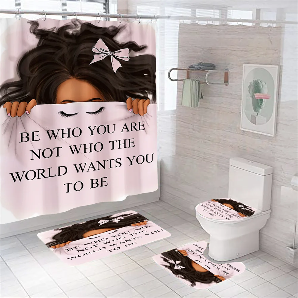 African American Afro Black Girl Shower Curtains Women Art Design Graffiti Bathroom Mat Set Anti-slip Soft BathHome Decoration