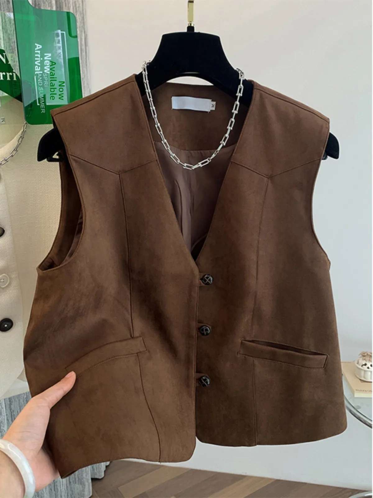 

Loose V-Ne Suede Jaet Women's Vest Korean Sle Top Casual Lapel Button up Spring Faion plus Size Inner Wear