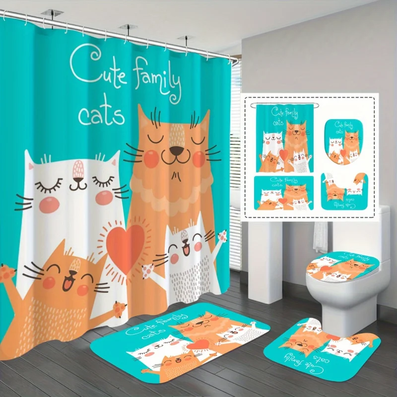 Cute Family Cats Shower Curtain Set with Non-Slip Bath Mats, Toilet Lid Cover, U-Shaped Contour Rug - Machine Washable, Water-Re