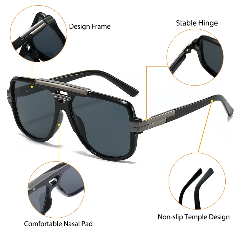 CATERSIDE Retro Square Big Frame Sunglasses Men Flat Top Double Bridge Pilot Punk Sun Glasses Women\'s Party Travel Eyewear UV400
