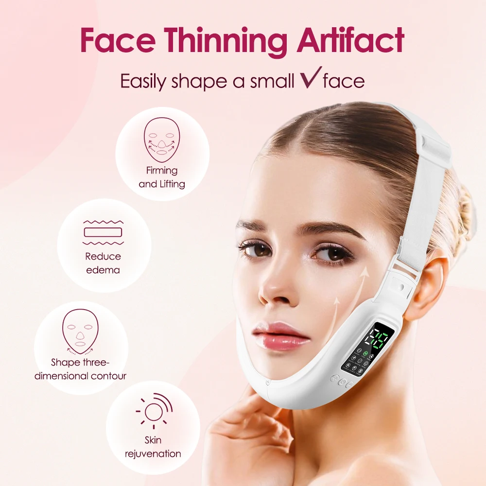 EMS V-Face Slimming Vibration Massager Heating LED Photon Therapy Facial Lifting Double Chin V Line Lift Belt Cellulite Jaw Tool