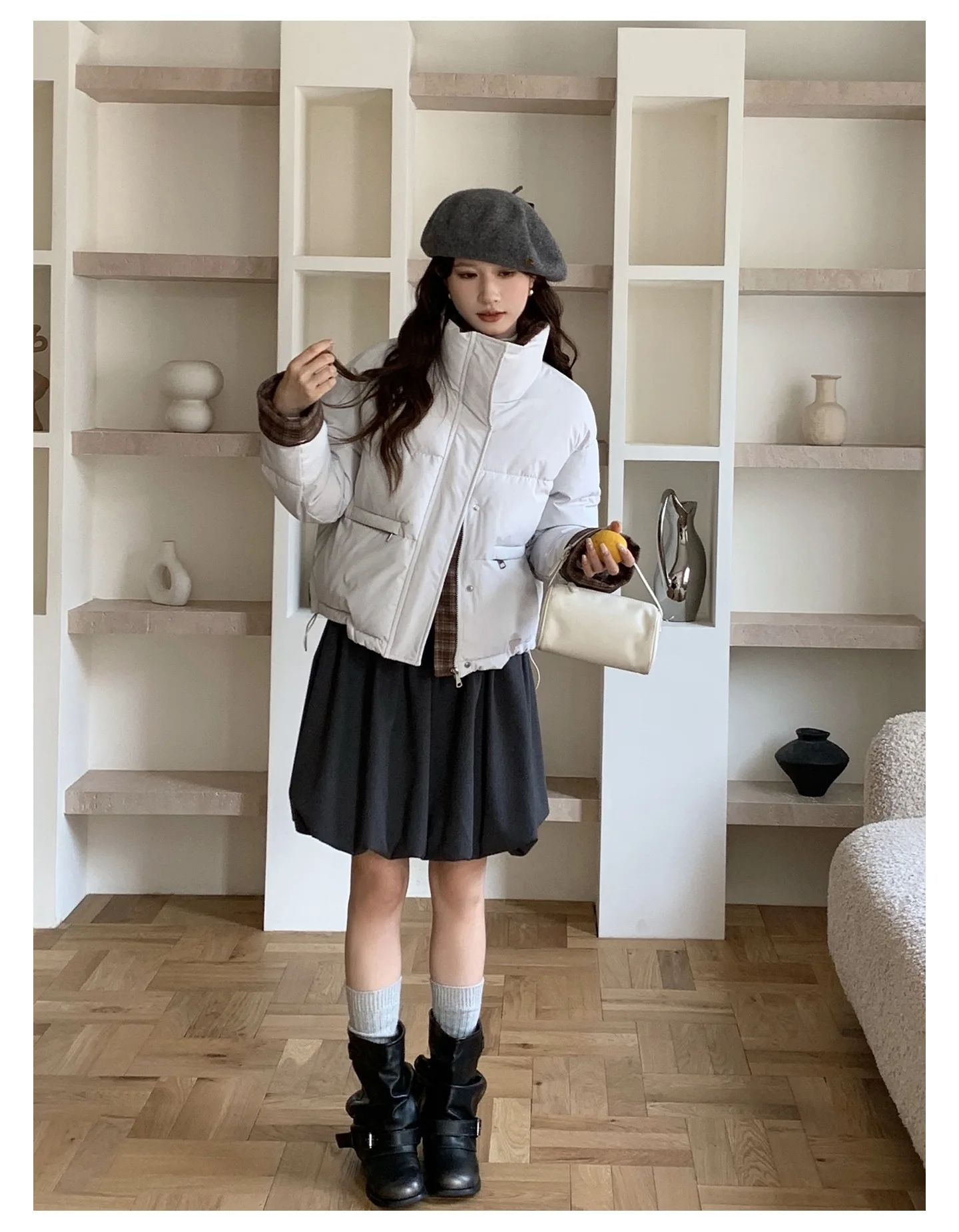 American Plaid Patchwork Puffer Jacket Women Winter Thick Stand Collar Short Parkas Woman Korean Casual Preppy Style Outerwear