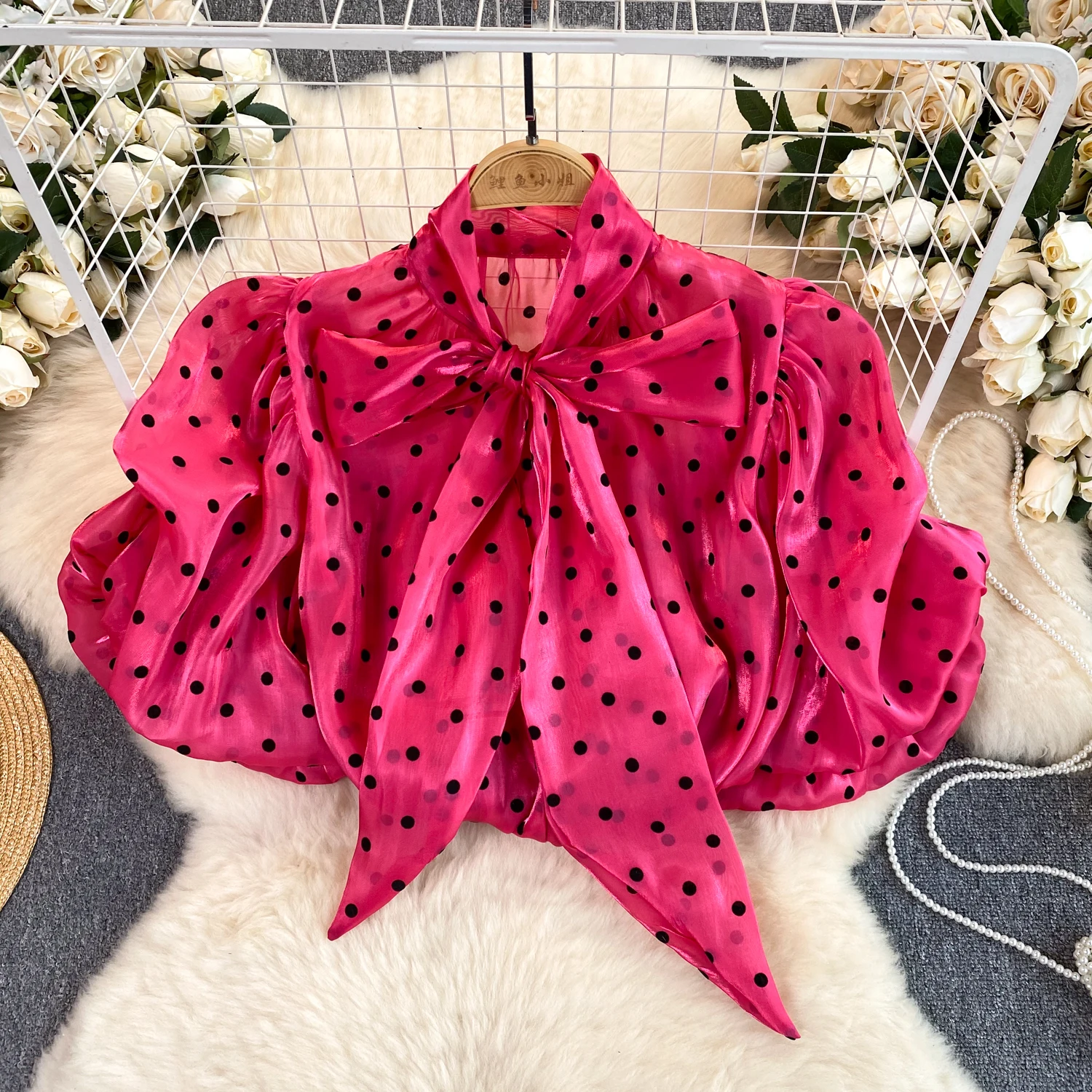 Chic Bow Puff Sleeve Round Dot Print Blouse Slim Sexy Hotsweet Shirt Women Streetwear French Fashion Crop Top