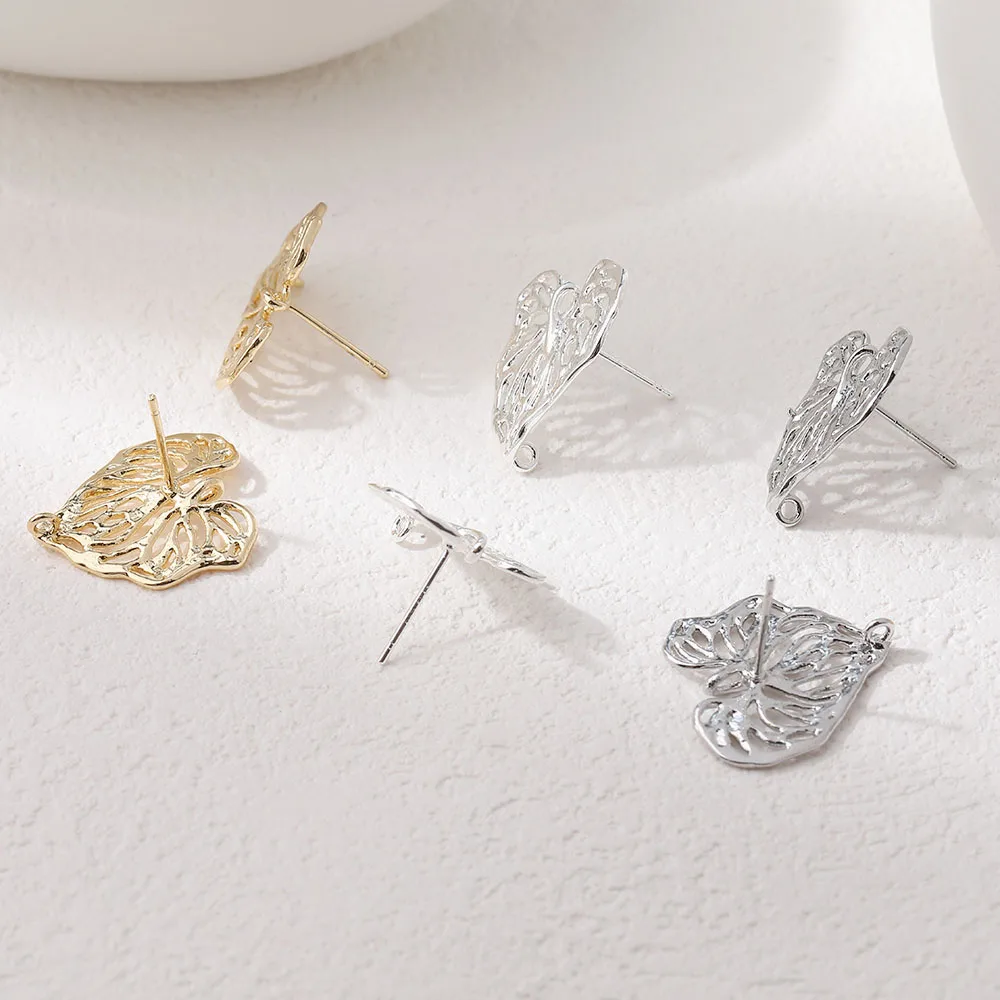 4PCS Dainty Hollowed Leaf Charms Ear Studs เครื่องประดับทําต่างหู Eardrop DIY ทองเหลือง 14k Gold Plated อุปกรณ์เสริม 20 มม.