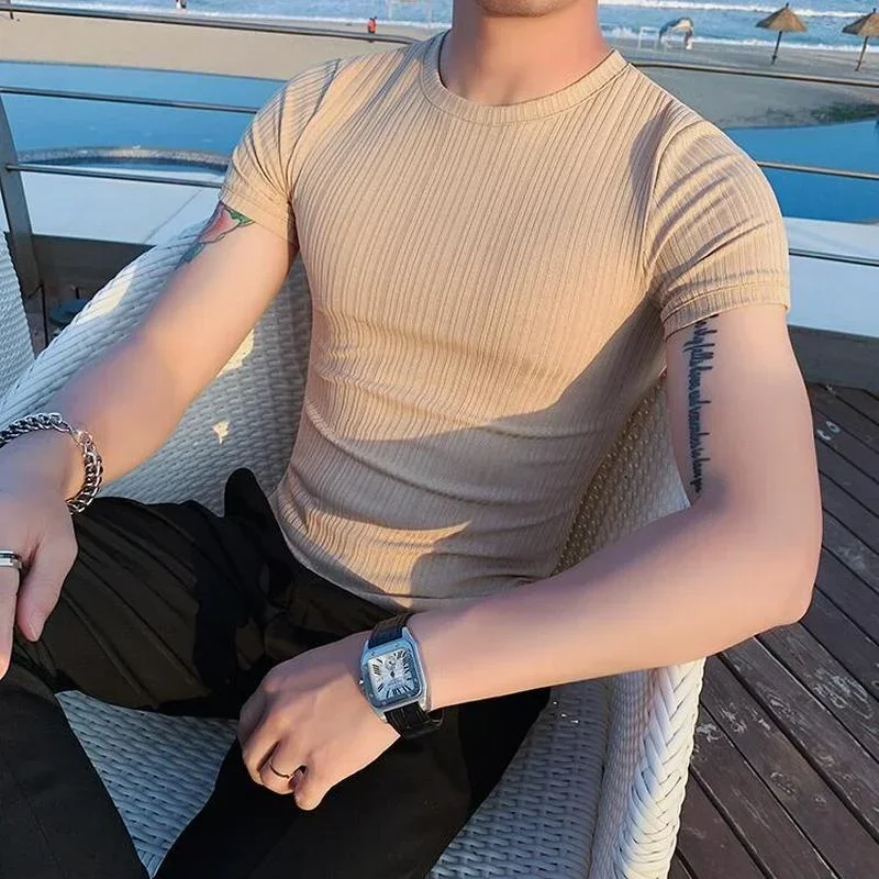 Mens Pinstripe T-Shirt 2024 Summer New High Quality Slim Fit Fashion Solid Color Casual Breathable Round Neck Short Sleeve Top