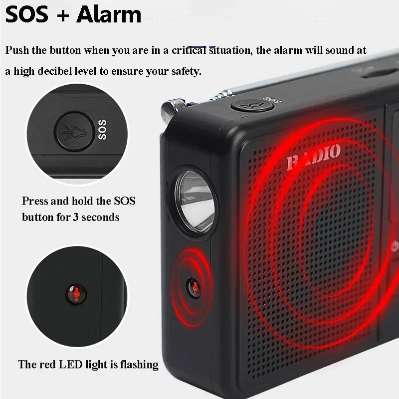 راديو FM AM SW محمول SOS تنبيه في حالات الطوارئ راديو استقبال كامل النطاق مع مصباح يدوي سماعة لاسلكية تعمل بالبلوتوث نظام الصوت مشغل موسيقى