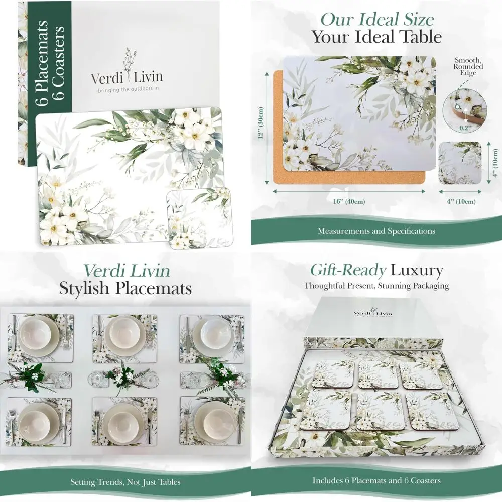 

Heat Resistant Cork Placemats Set of 6, Matching Coasters, Dining Table Mats, 16x12 Inches, Wipe Clean White Lily Design