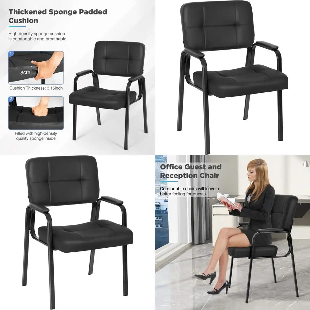 

Ergonomic PU Leather Reception Chair with Padded Arms, Ideal for Waiting Areas, Home Offices, and Conference Rooms in Black