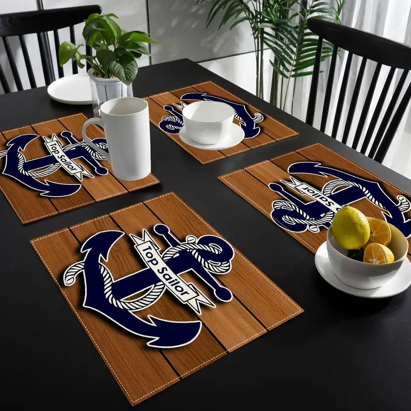 VIKAMA 2/4/6pcs Top Sailor Anchor Nautical Placemats Anti Slip Heatproof Table Pads Coastal Dinner Table Home Decor