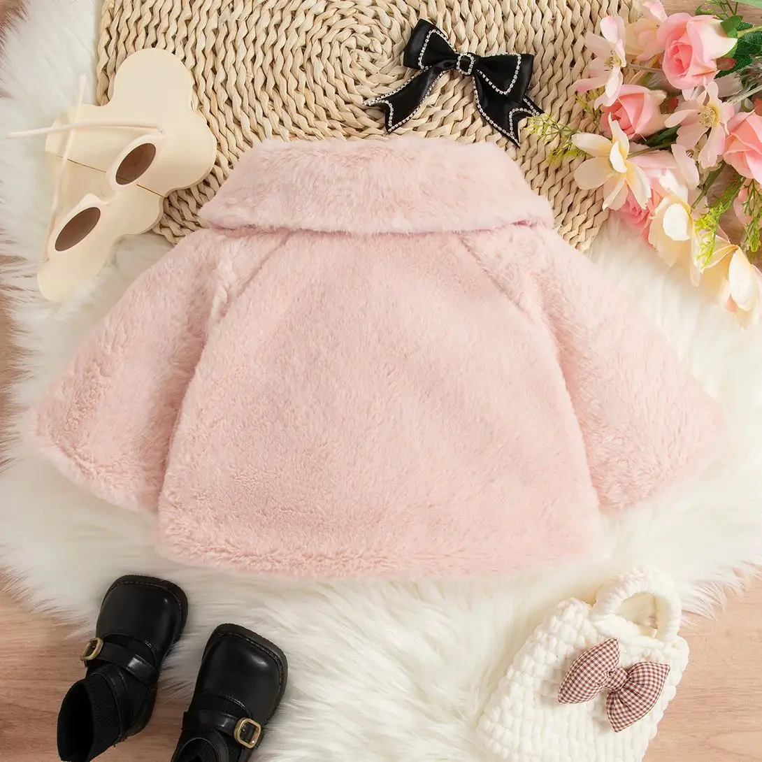 Winter Baby Girl Pink Shawl Doll Collar Bow Solid Color Button Plush Coat Warm Outfit for Girls Daily Casual Clothes