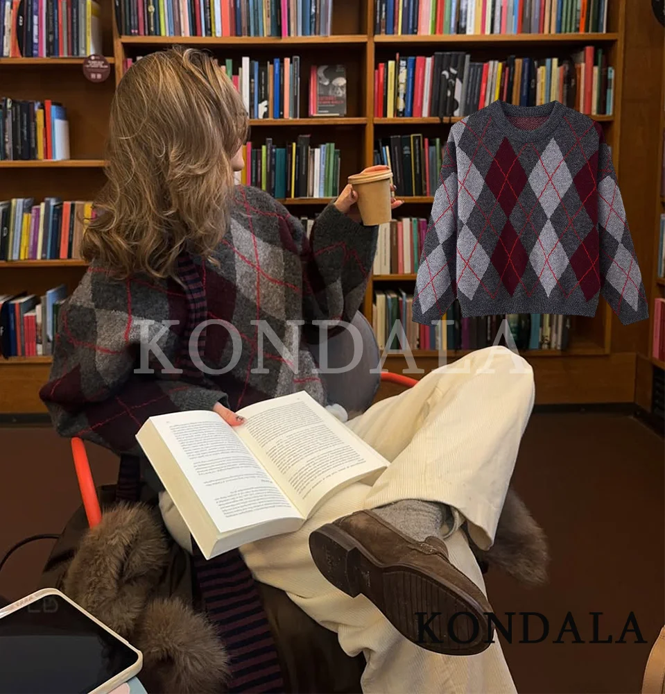 

KONDALA модный повседневный вязаный свитер с ромбами женский элегантный универсальный свитер с круглым вырезом 2025 осень-зима модный винтажный женский топ