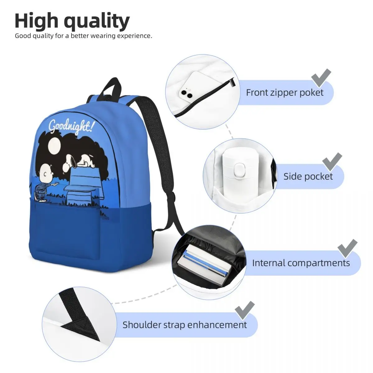 Snoopys Goodnight Zaino per adolescenti Zaino sportivo per studenti d'affari per uomo e donna Borsa a tracolla per college