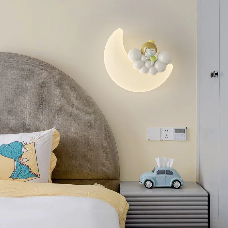 Creative Children Wall Lamps PE White Wall Sconces Moon Lighting Girl Bear Rabbit Kids Bedroom Atsmophere Wall Light LED Indoor