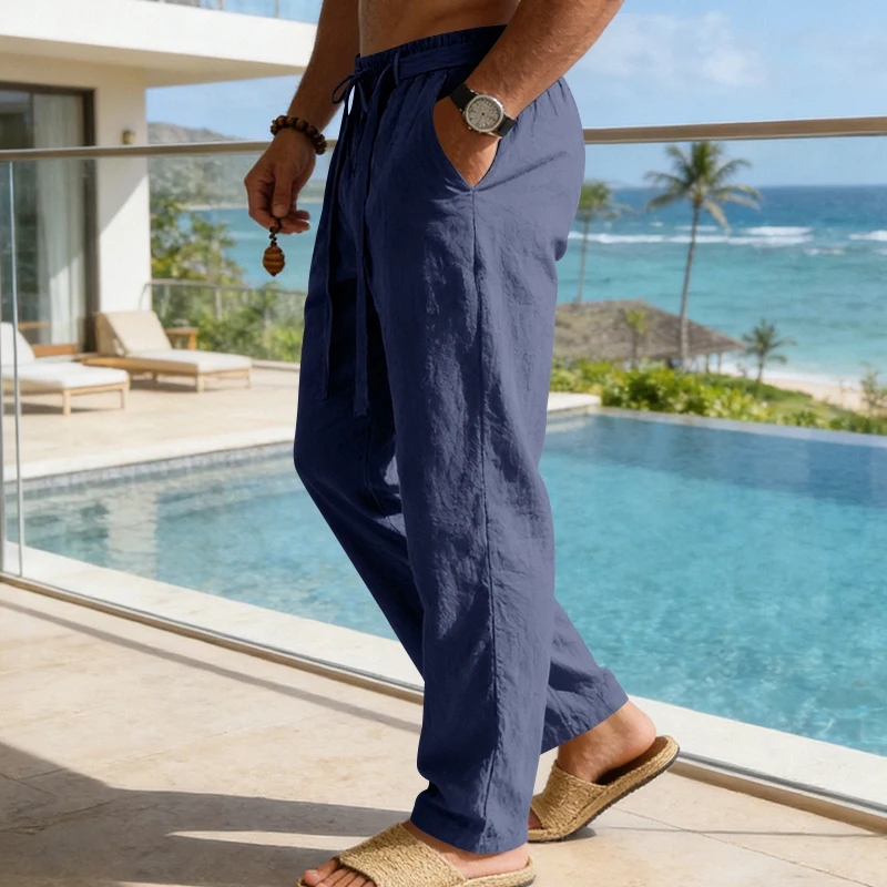 Herrenhose aus atmungsaktivem Leinen mit geradem Bein und elastischem Bund, lässige Urlaubshose für den Strand. – Detail 34