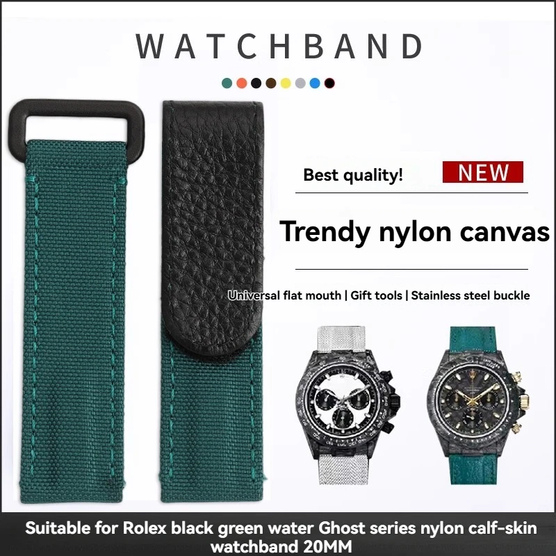 

New 20mm Adjustable High Density Nylon Fabric Leather Watch Band Fit For Rolex Strap For DAYTONA SUBMARINER GMT Yacht-Master