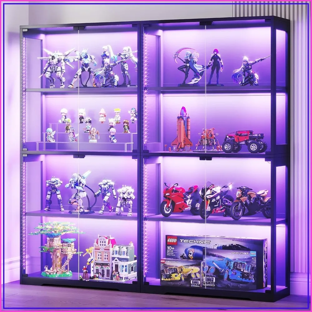 AODK 2-Pack Glass Display Cabinet with Glass Doors, RGB Glass Display Case