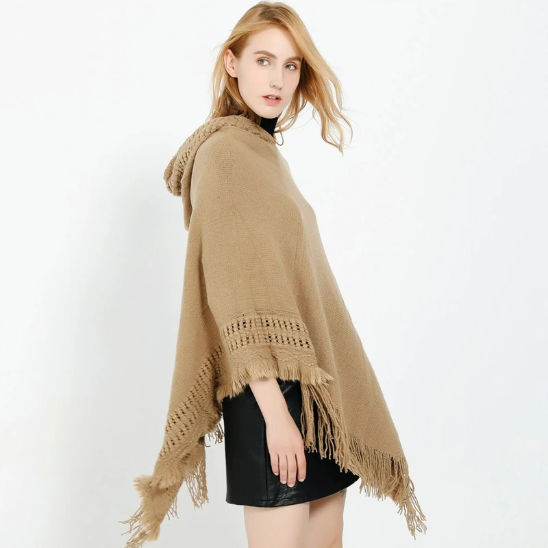 

Women Winter Knitted Hooded Poncho Cape Solid Color Crochet Fringed Tassel Shawl Wrap Oversized Pullover Cloak JY08 21 Dropship