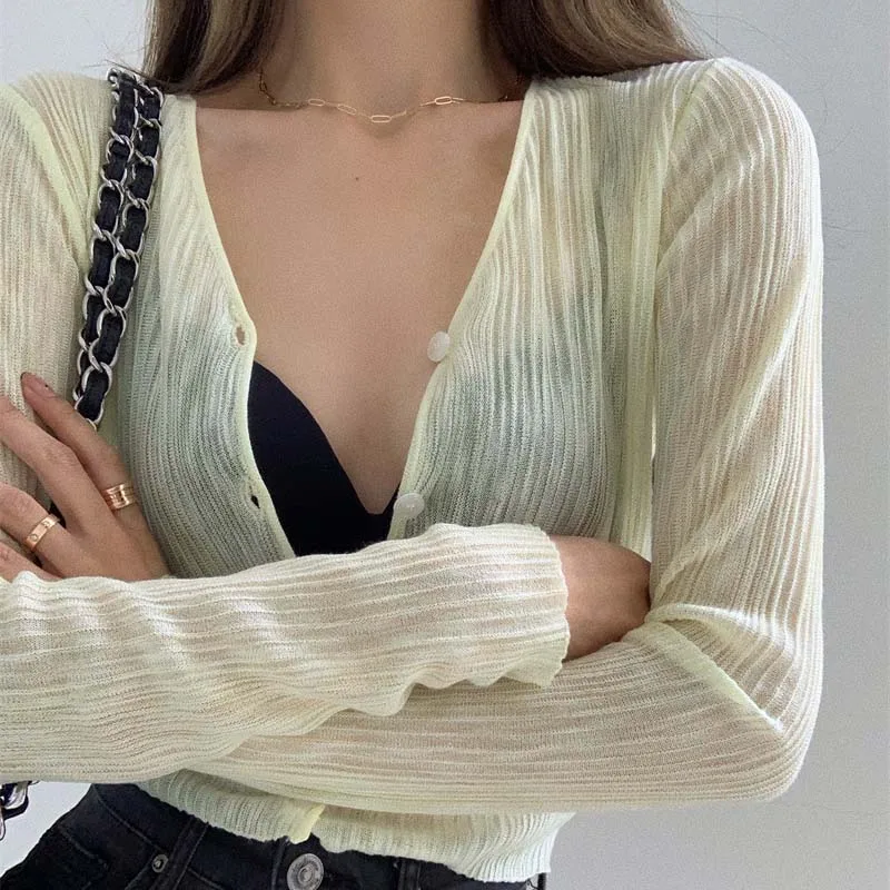 Pearl Diary Summer Thin V-Neck Sunscreen Shirt Knitting Single-Breasted Top Women Beach Outing Long Sleeve Cardigan