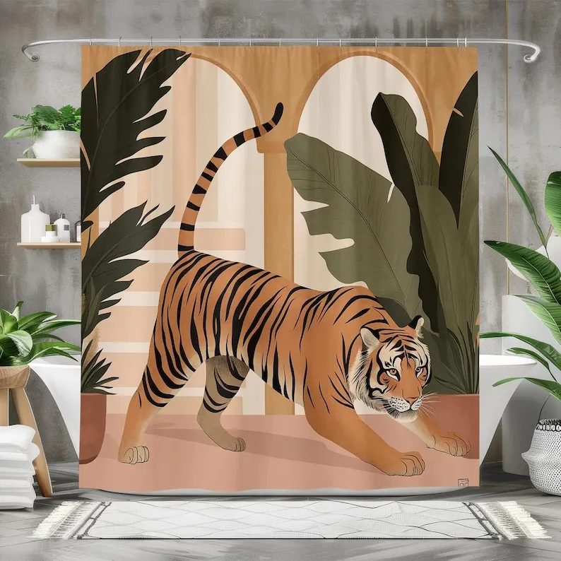 

Elegant Tiger Shower Curtain, Waterproof Fabric Bath Curtain, Jungle Animal Bathroom Decor, Bold Botanical Design