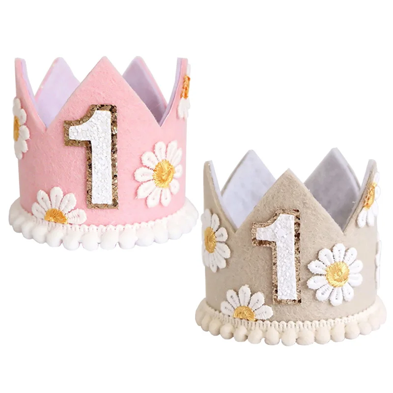 Daisy Boho 1. Geburtstagskrone rosa Creme für Babyparty, Partyhut, erste Jahr alt, Kopfbedeckung, Foto-Requisiten, Geburtstagsparty-Dekoration