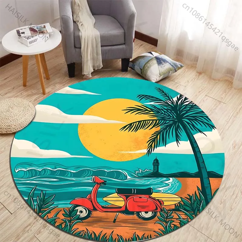 Red scooter and surfboard on the beach Printed round carpet living room sofa table carpet large pet mat soft round carpet