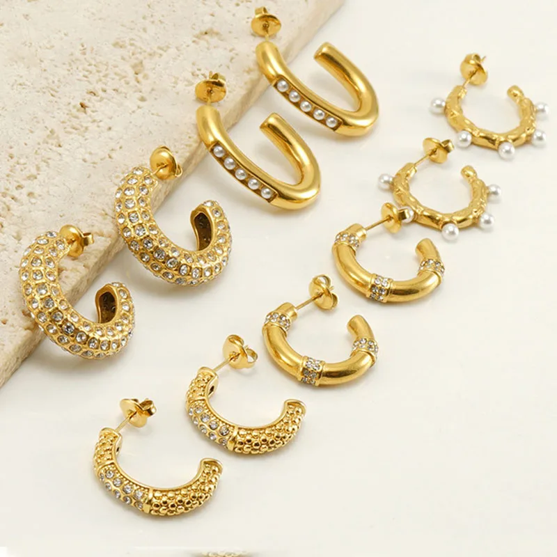 

10Pcs Fashion Jewelry Personalized Stainless Steel 18K Gold Plated C-shaped Pearl Earrings Set with Rhinestone Jewelry for Women